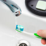 A tap can be on for rinsing a toothbrush and when to provide you with water, but it should be off when not in use.