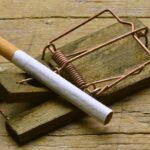 A mouse trap uses a cigarette as bait to illustrate the dangers of smoking.