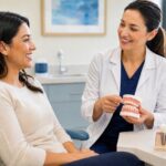 Smiling adult patient seated in a modern dental office while a dentist holds a dental model and discusses treatment, with a dental implant example displayed on the table nearby.