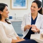 Smiling adult patient seated in a modern dental office while a dentist holds a dental model and discusses treatment, with a dental implant example displayed on the table nearby.