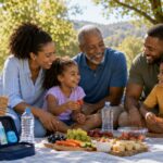 A multigenerational Black family enjoys a healthy summer picnic with fresh fruit, vegetables, cheese, water, and a travel dental kit in a sunny park.